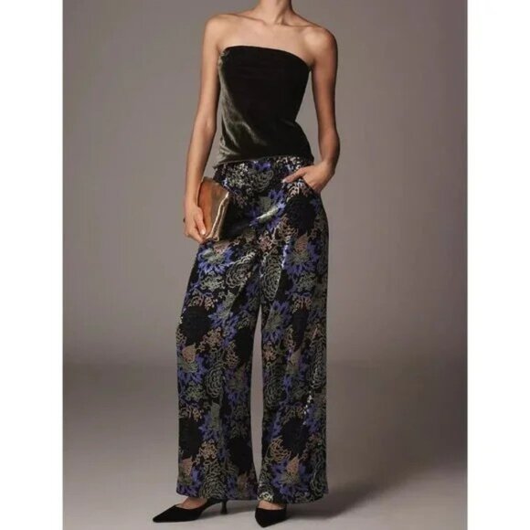 NWT Size 6P - Anthropologie Wide Leg Floral Velvet Pants (NWT US$168) - Picture 2 of 7